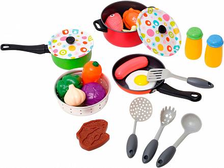 Игровой набор металлической посуды с продуктами, 22 предмета 